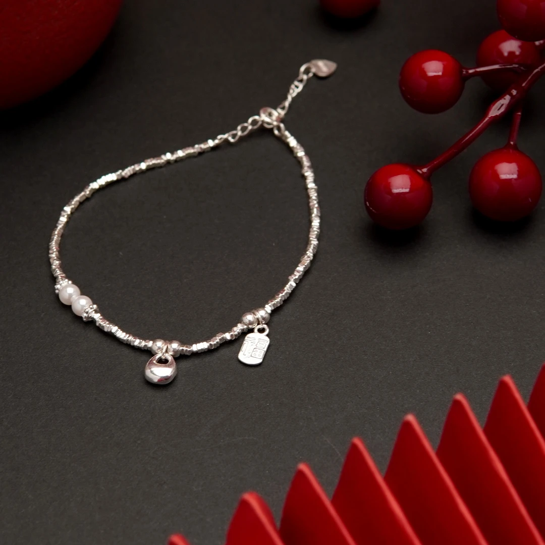 足银手链 黔艺银阁 足银碎银子小胖福珍珠手链女轻奢精致福牌手饰