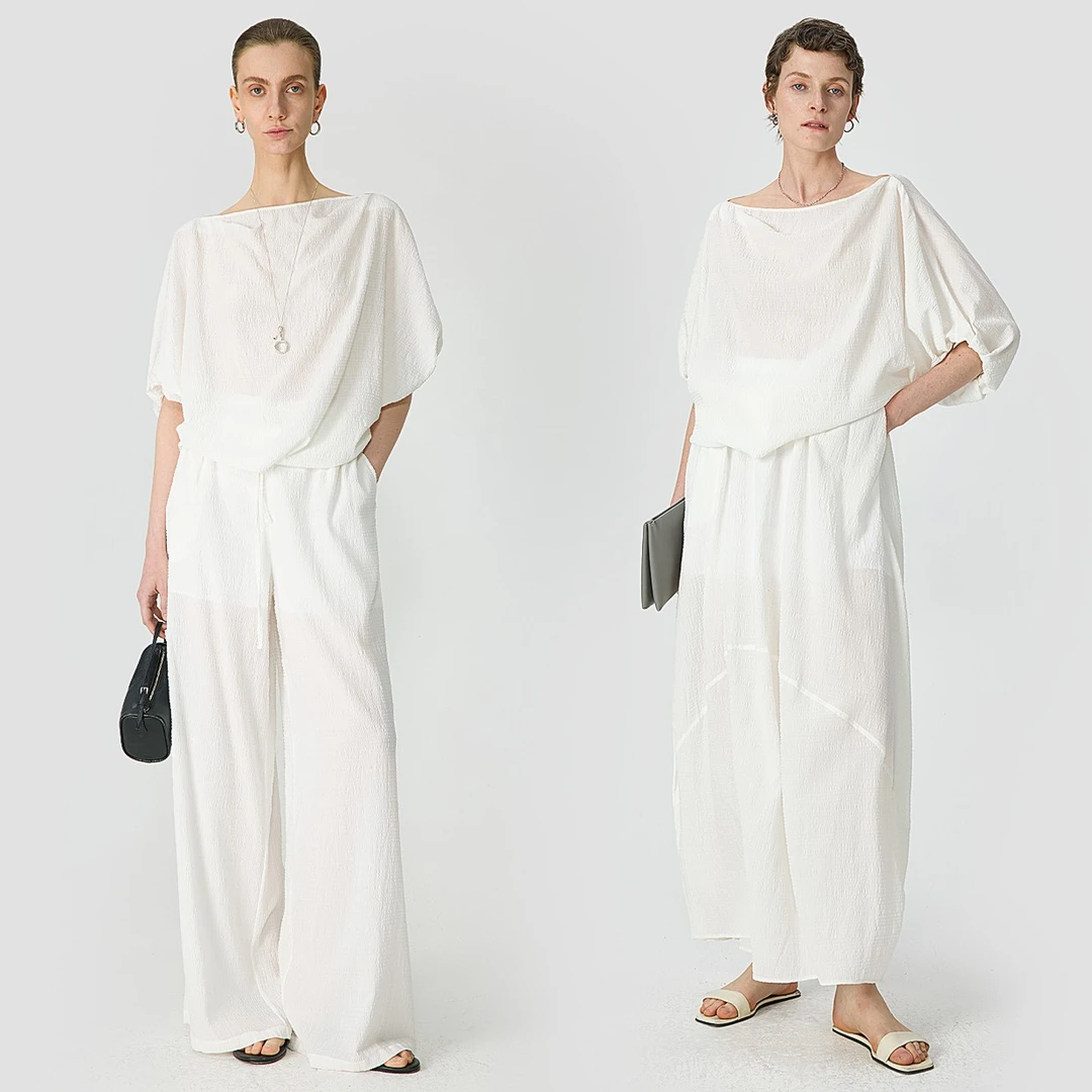 开间/獨家定制舒爽透气泡泡纱 一字领蝙蝠袖上衣半裙套装