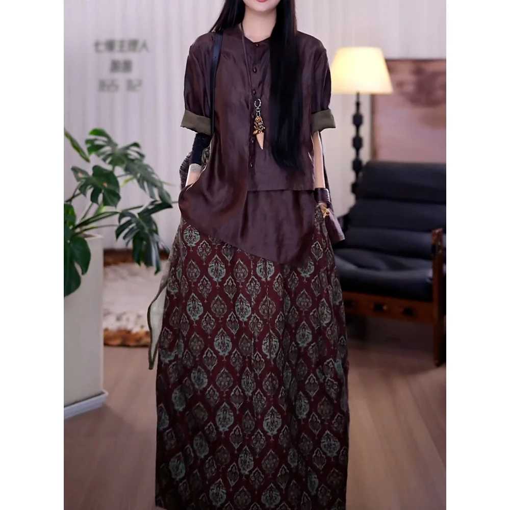 高级风贵妇人复古裙套装2025夏季新款通勤显瘦衬衫+印花半身裙