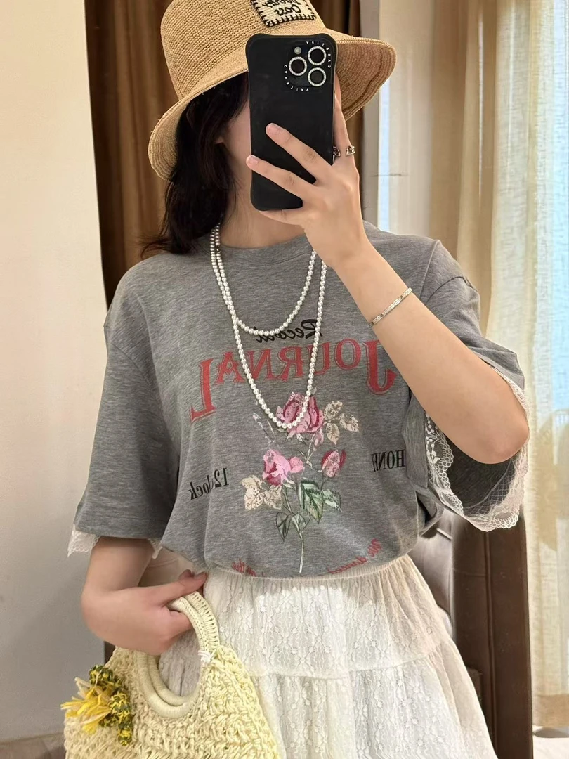 拍下改价Journal Record25春夏设计师品牌印花蕾丝拼接百搭短T恤