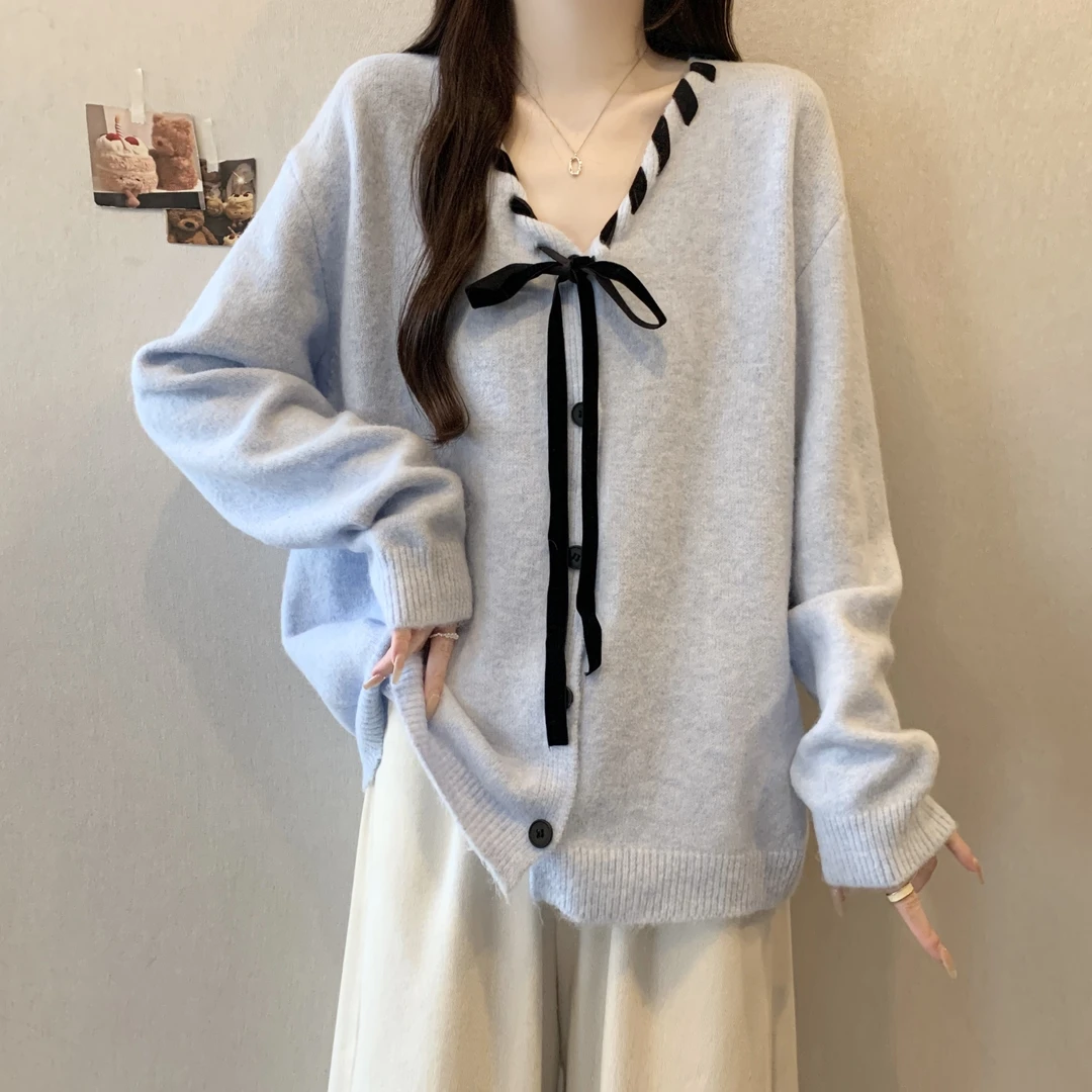 大码女装遮肚子慵懒风蝴蝶结针织衫女秋冬新款胖妹妹宽松显瘦毛衣