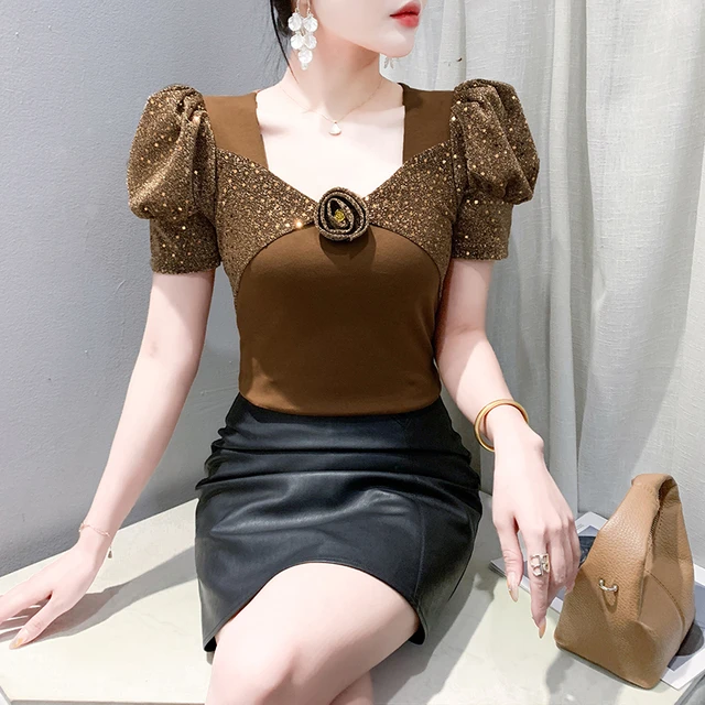 泡泡袖方领立体花朵轻奢气质上衣夏季显瘦百搭洋气烫钻短袖T恤女