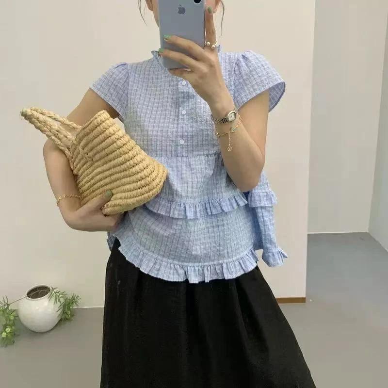 夏季设计感木耳短袖方领短款条纹格纹TTJ977971