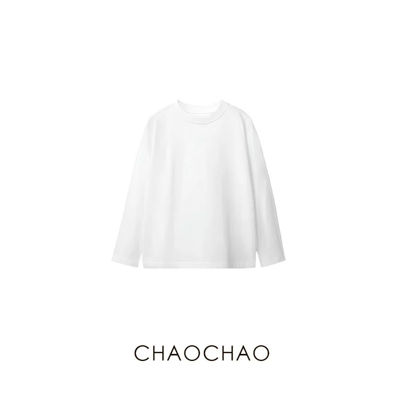 CHAOCHAO｜2025秋冬极简老钱罗纹领口打底长袖白T纯色通勤内搭