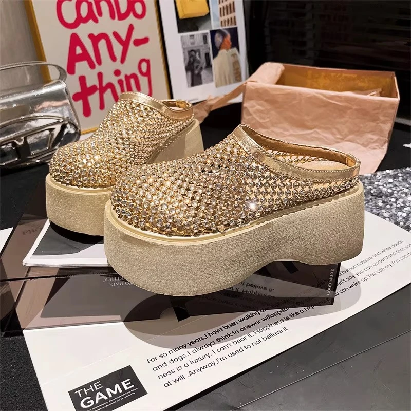 欧洲站水钻满钻渔网镂空厚底松糕包头大头凉鞋托外穿小个子拖鞋女