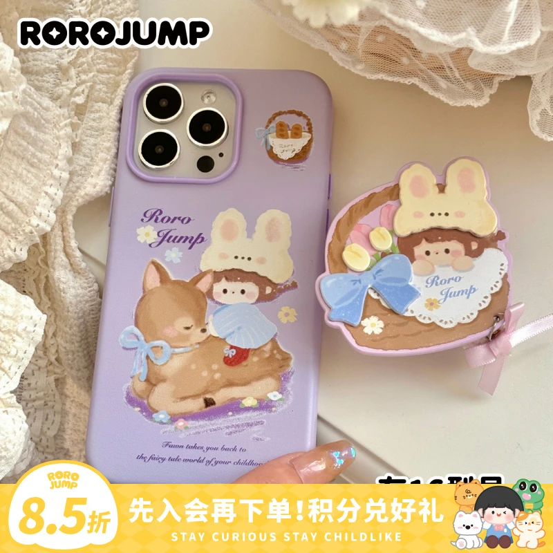 肉肉酱林间小鹿仿真皮纹磁吸手机壳适用ip16promax苹果15prom可爱