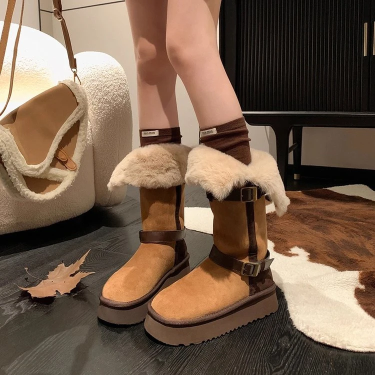 雪国列车皮毛一体厚底雪地靴女冬季新款两穿加绒保暖长筒靴棉鞋