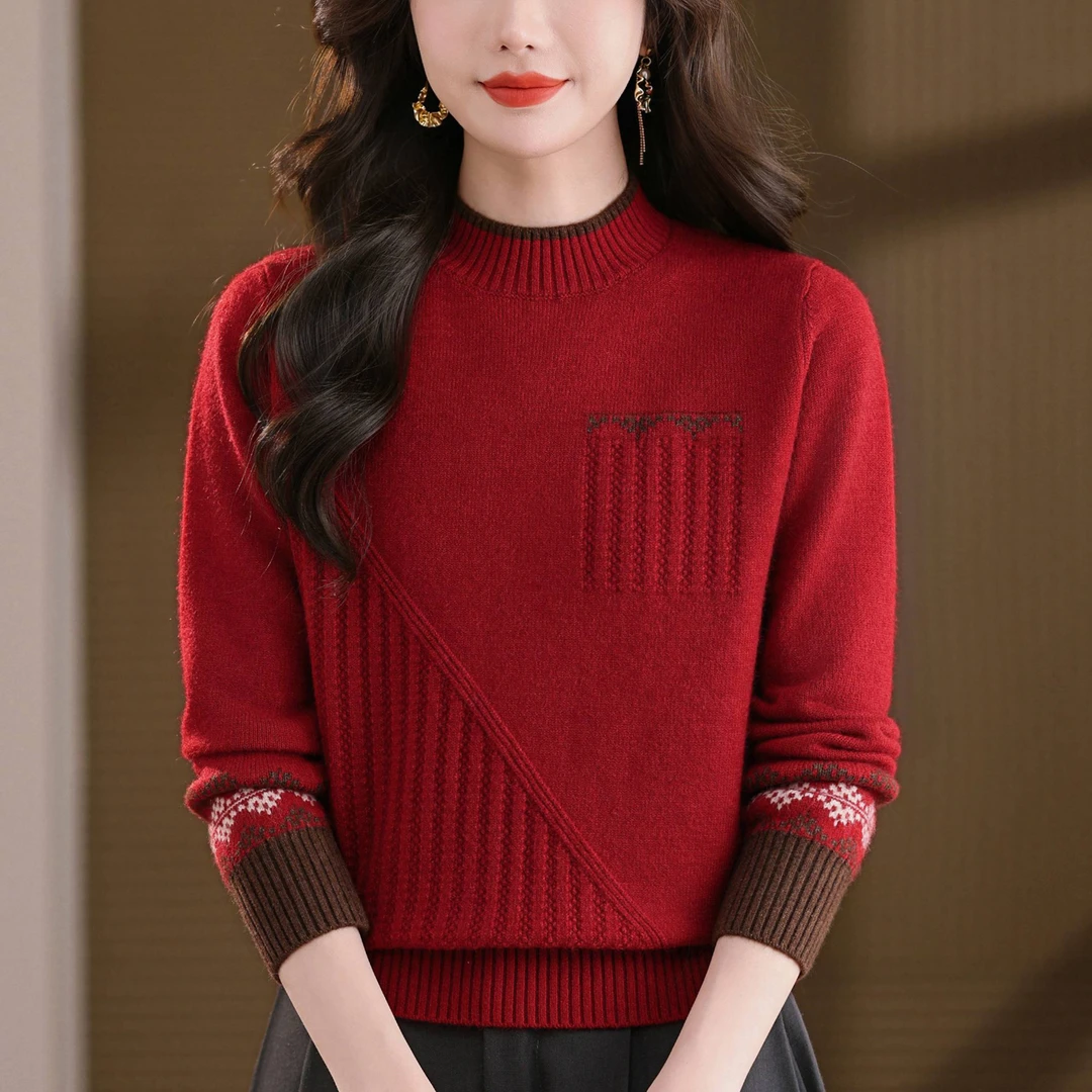 爆款羊毛衫女新款秋冬季拼色加厚半高领毛衣内搭上衣打底衫羊绒