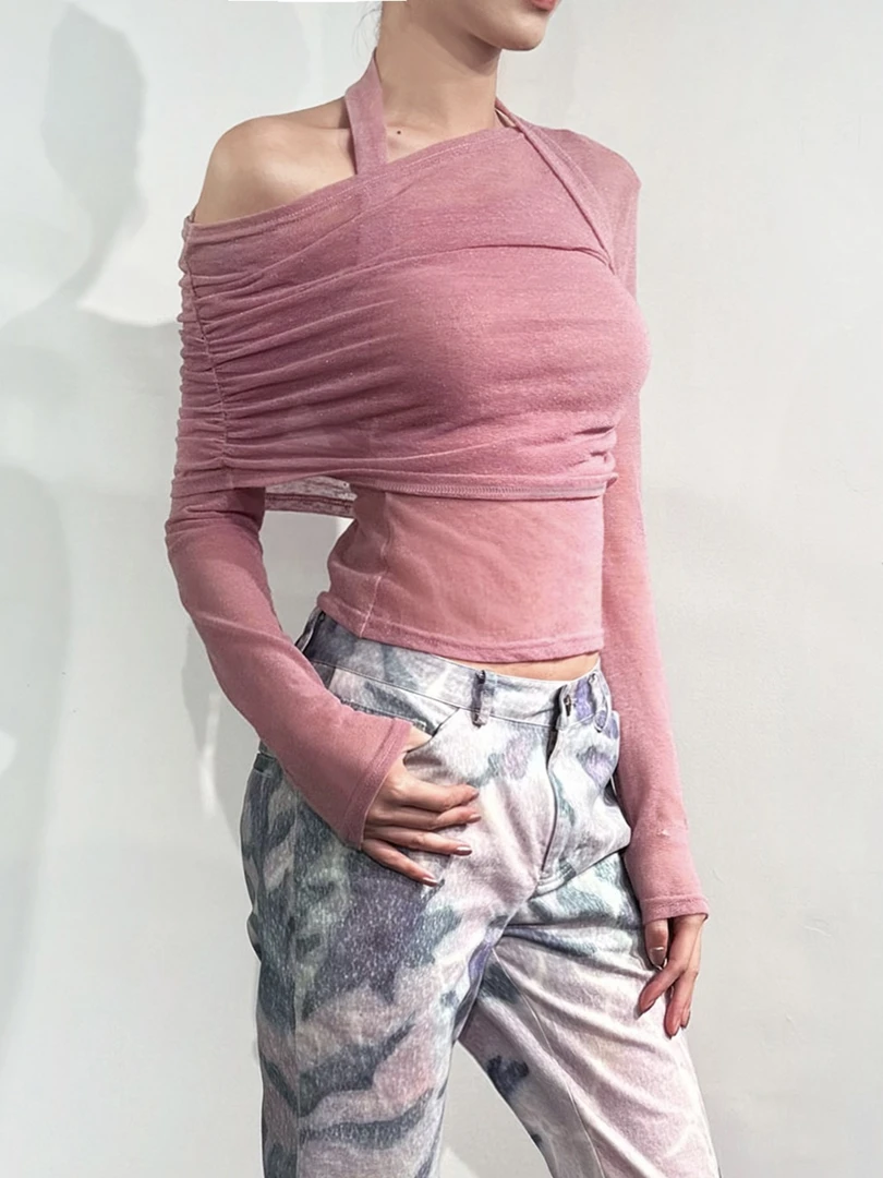 SANSTORE LUCENCY 双层落肩堆褶网纱衣微透显瘦纯欲修身 25春夏