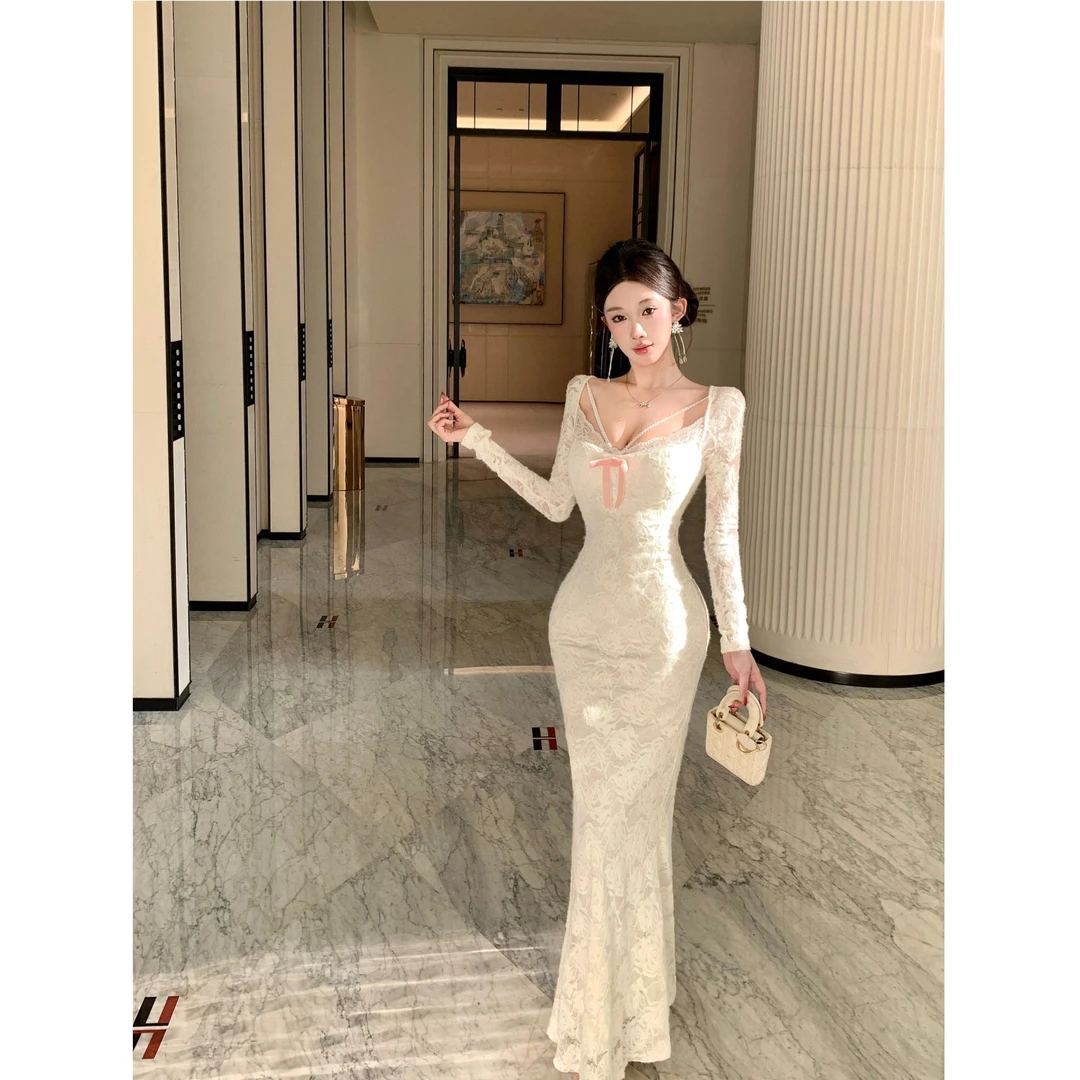 2026春季新款法式高级感气质蕾丝修身v领蕾丝连衣裙鱼尾裙长裙女
