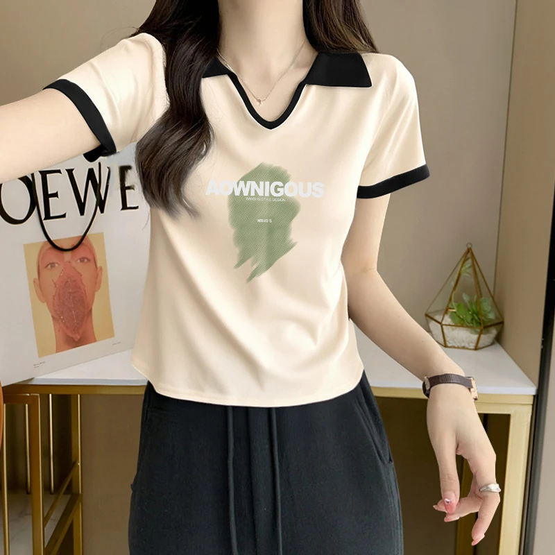 大码胖mm设计感撞色翻领短袖T恤女士夏季纯欲风辣妹修身显瘦上衣