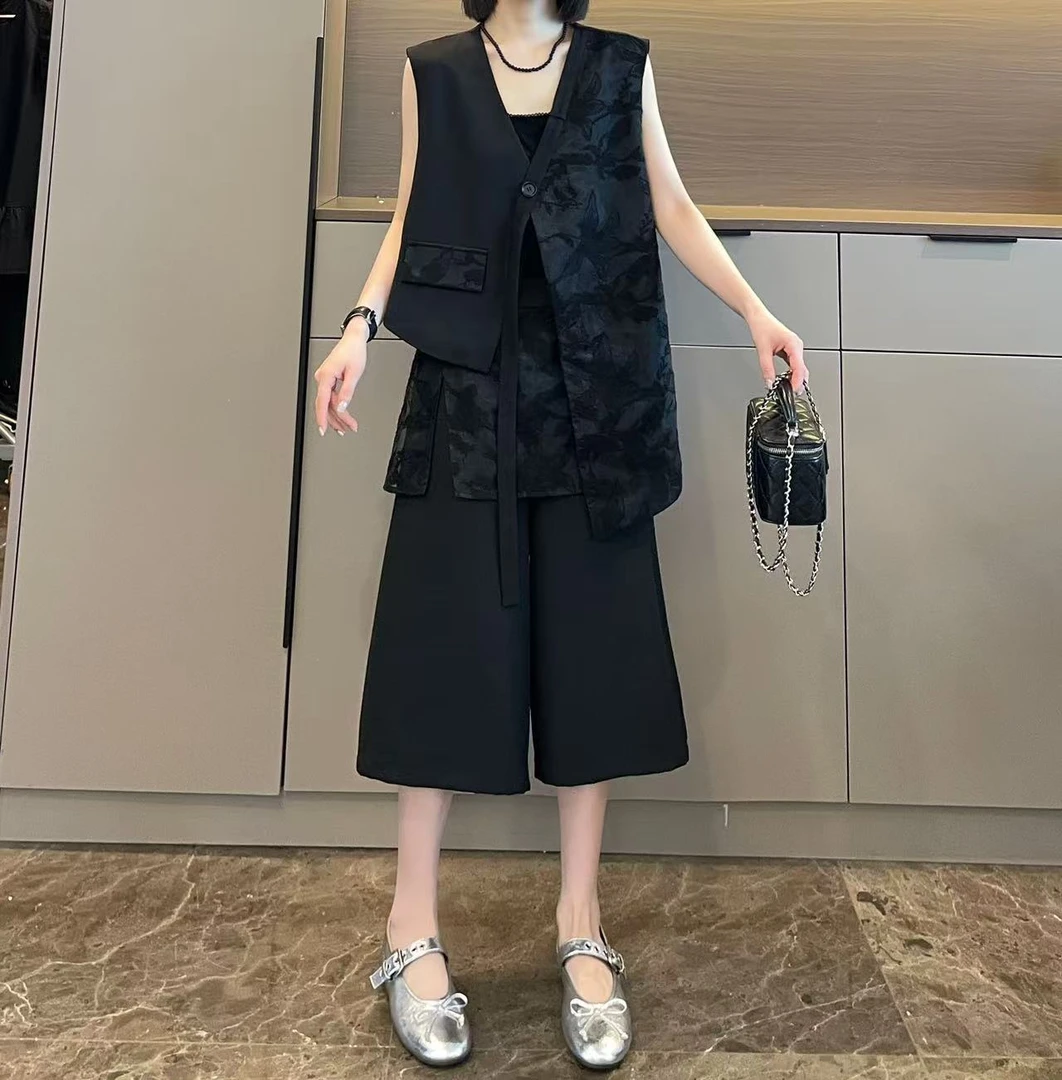 米可/MK-2496LJ【马甲七分裤拼接蕾丝屁帘套装】时尚夏季新款套装