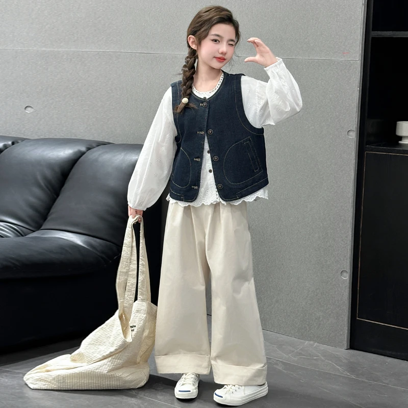 女童春秋款衬衫马甲长裤套装6-12岁中大童学生赫本甜美少女风套装