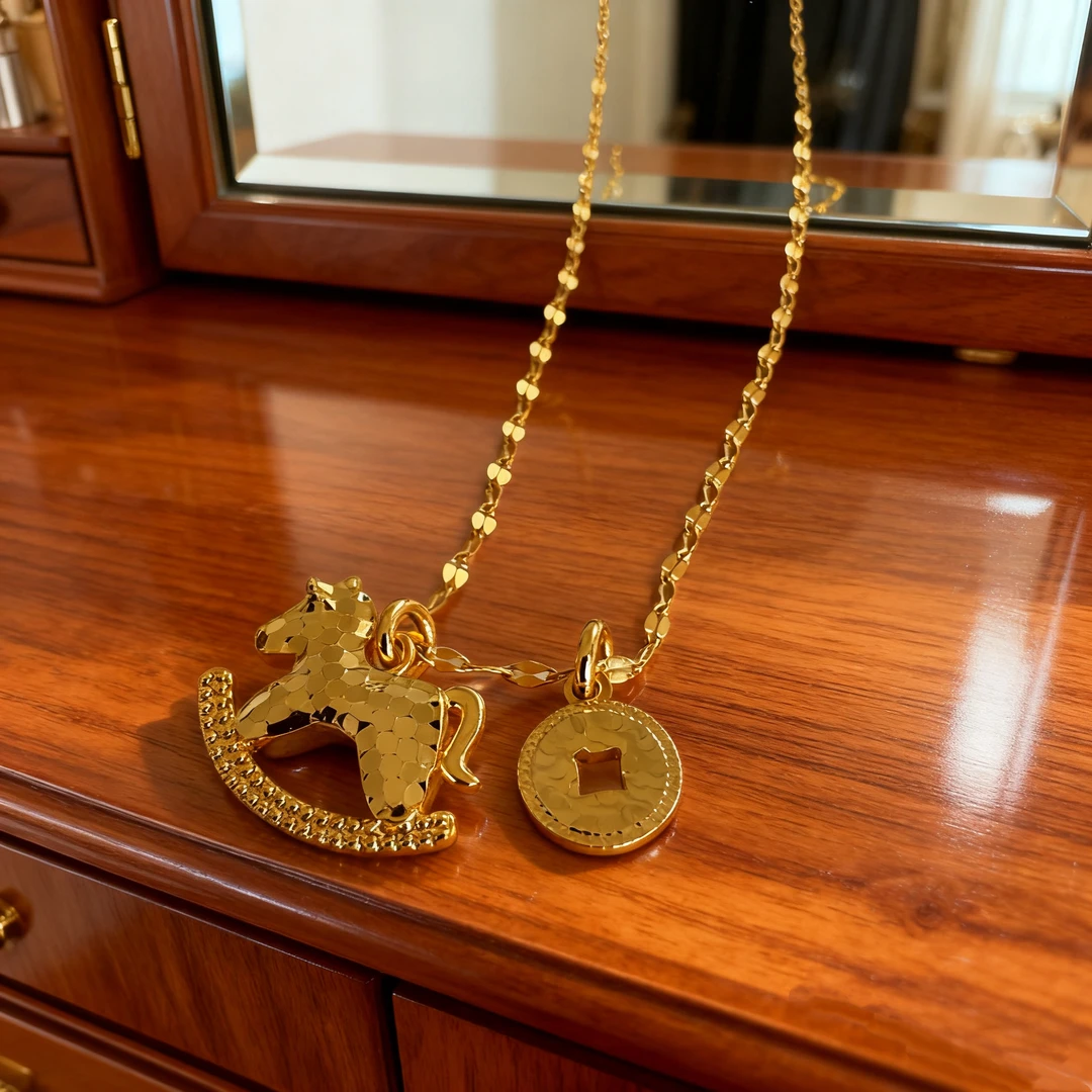 铜合金项链 高保色碎冰马上有钱项链时尚百搭旋转木马铜钱锁骨链