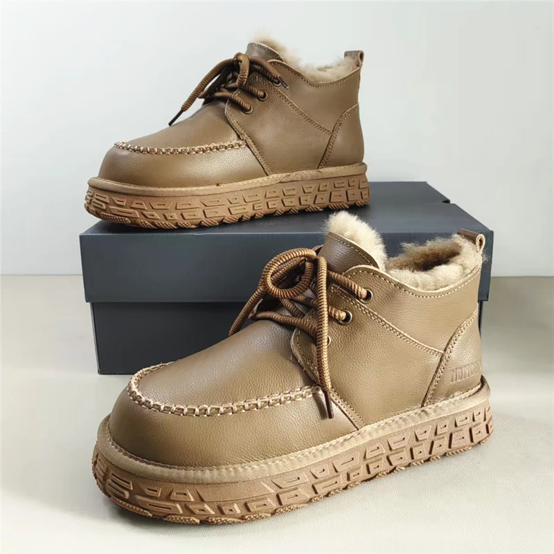 N5899男士雪地靴加厚保暖东北棉鞋羊皮毛一体内里！头层牛皮系带鞋