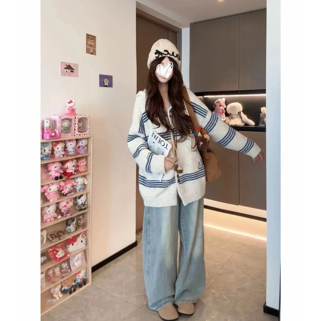 【优芭拉】早秋2025胖mm韩系慵懒风细条纹宽松连帽毛衣百搭洋气时尚