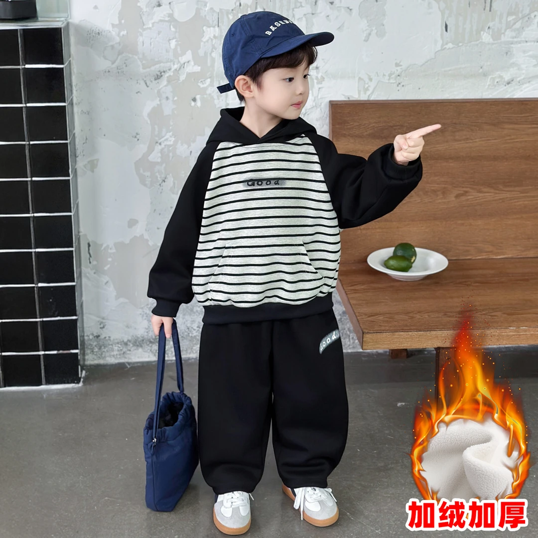 男童秋冬加绒套装2025新款帅气时髦宝宝衣服儿童加厚卫衣两件套潮