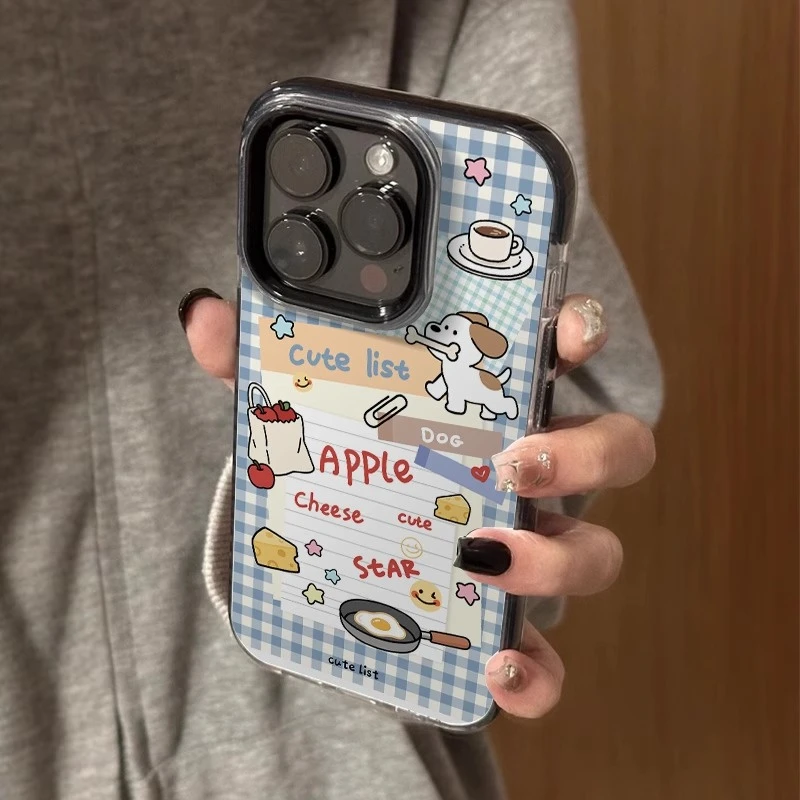 可爱小狗适用苹果17promax手机壳iPhone16蓝色格纹涂鸦彩绘新款15