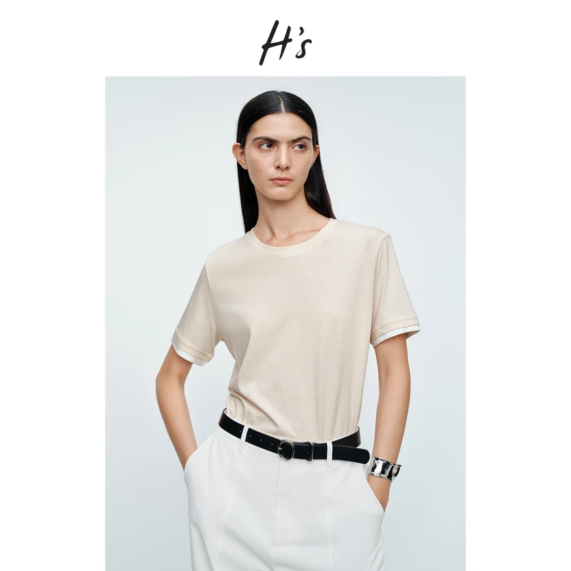 【新品上新】H'S莫代尔棉羊毛T恤女25夏新款吸湿透气亲肤短袖打底衫