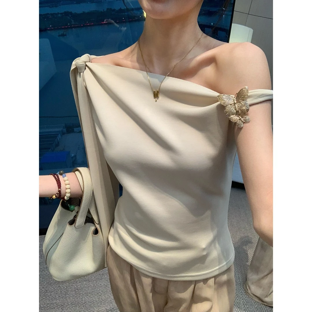 纯欲风性感小众设计感斜肩领露肩蝴蝶结绑带时尚百搭春夏新款上衣