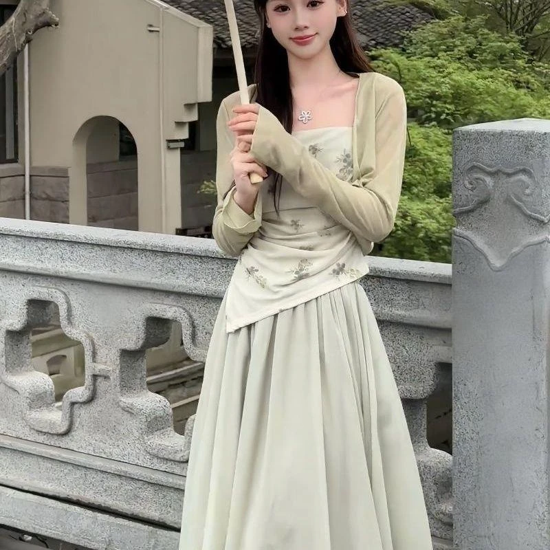 春季新款夏季套装国风不规则吊带防晒开衫半身裙三件套