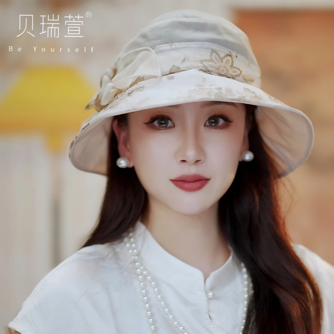 1685新中式百搭真丝桑蚕丝透气渔夫帽渔帽遮白发女士帽子
