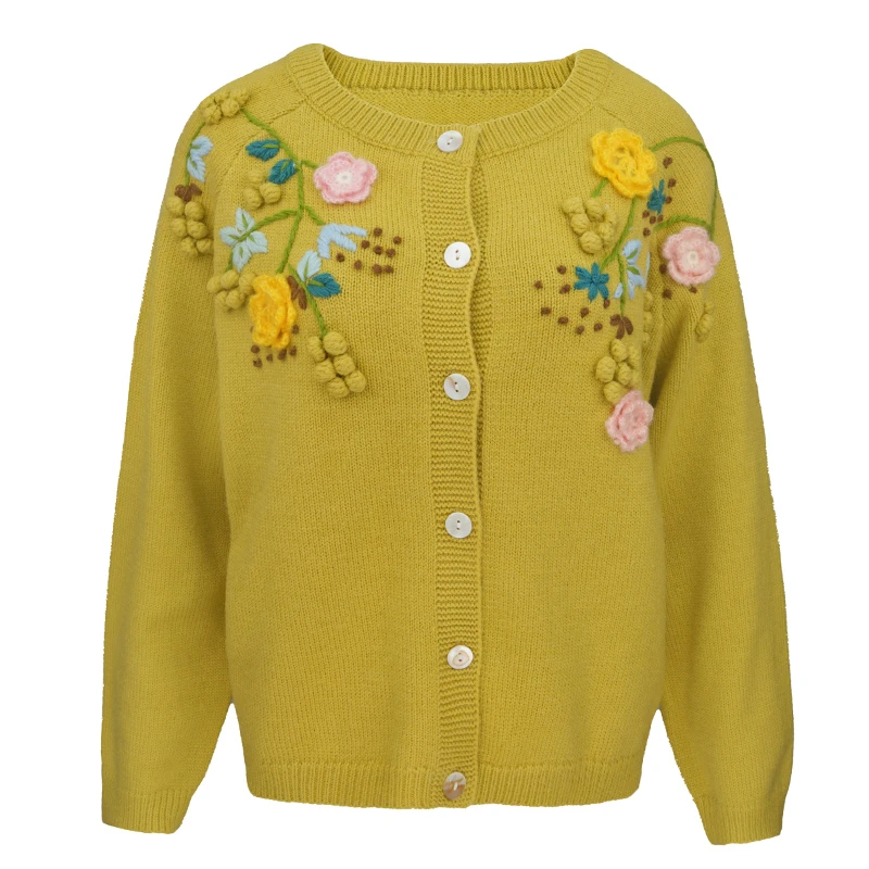 JUNGLE ME秋季圆领秋香黄毛衣钩花保暖宽松慵懒风长袖纯色百搭