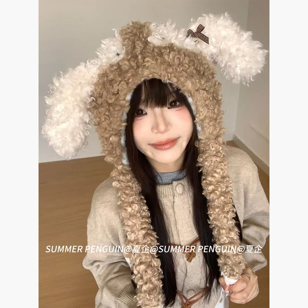 SUMMER PENGUIN耳朵会动可爱卷毛小狗毛绒帽子女冬季保暖包头帽子