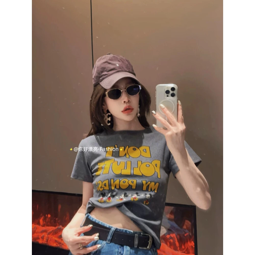 欧洲站2025夏季新款卡通字母印花短袖T恤女修身显瘦休闲百搭上衣