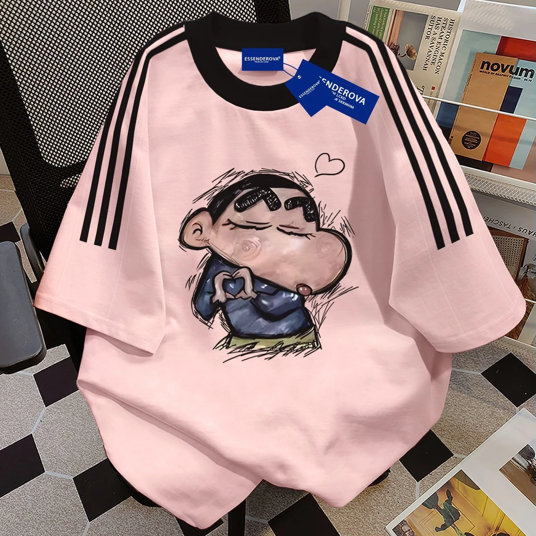 100%纯棉美式复古慵懒风韩系三条杠短袖t恤男女夏季休闲宽松上衣