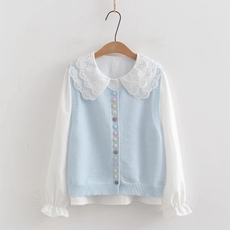 2025春季新款休闲圆领无袖彩色纽扣针织马甲背心衬衫上衣套装女