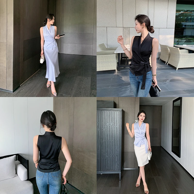 林关关【气质姐姐】法式绑带收腰无袖V领衬衣夏季显瘦女人百搭衬衫