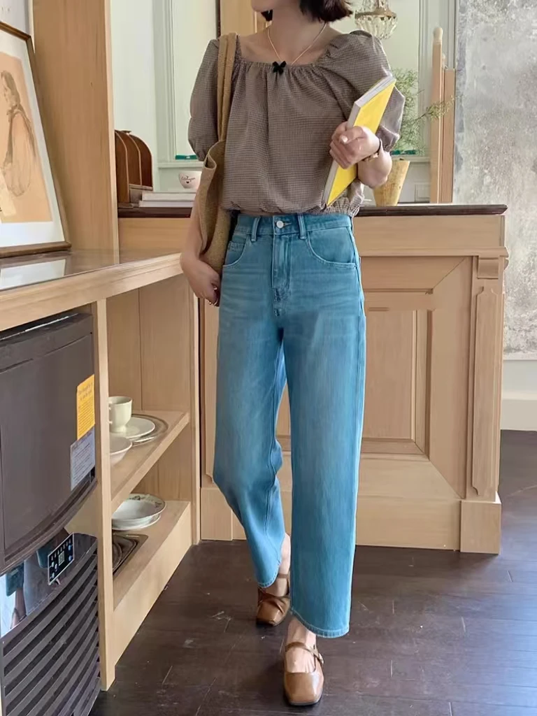 SU【135】代98 愫卿  2025夏日蓝色阔腿裤弹力高腰九分奶奶裤~