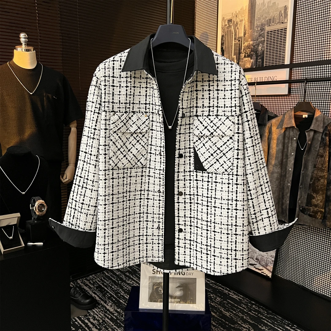 【BJ】男士原创翻领高定设计休闲百搭千鸟格小香风高级感衬衫外套