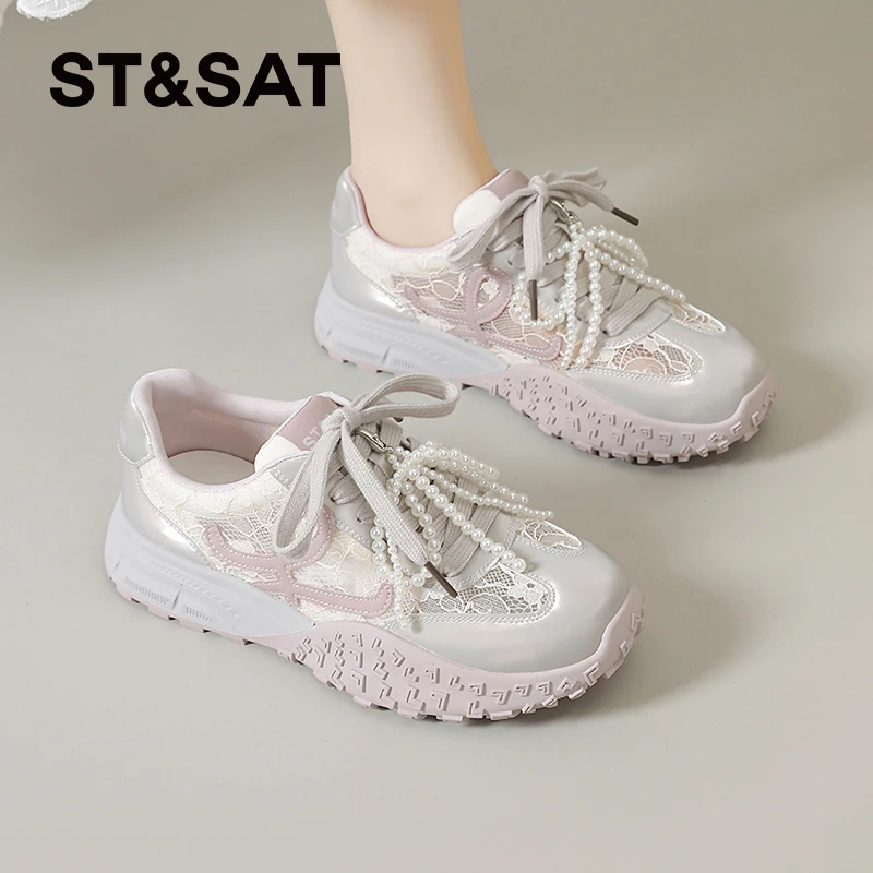 星期六蕾丝德训鞋女2025夏季新款透气网鞋珍珠休闲运动鞋厚底板鞋