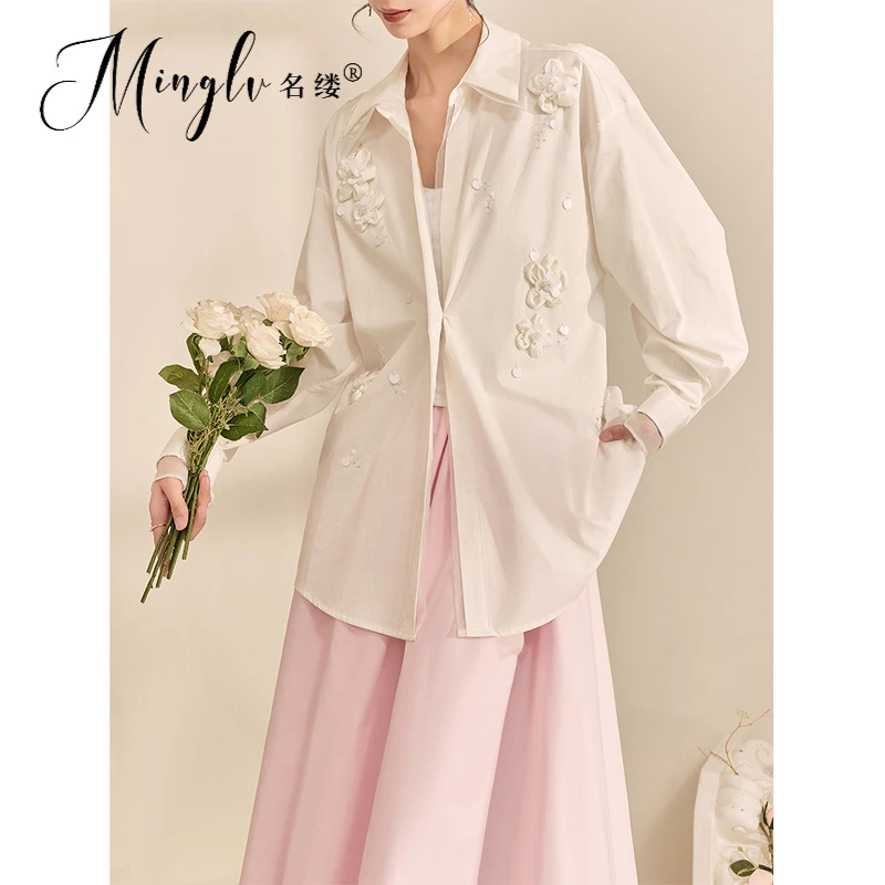 2025春秋重工衬衫白色宽松立体花朵法式复古温柔气质高级感长袖上
