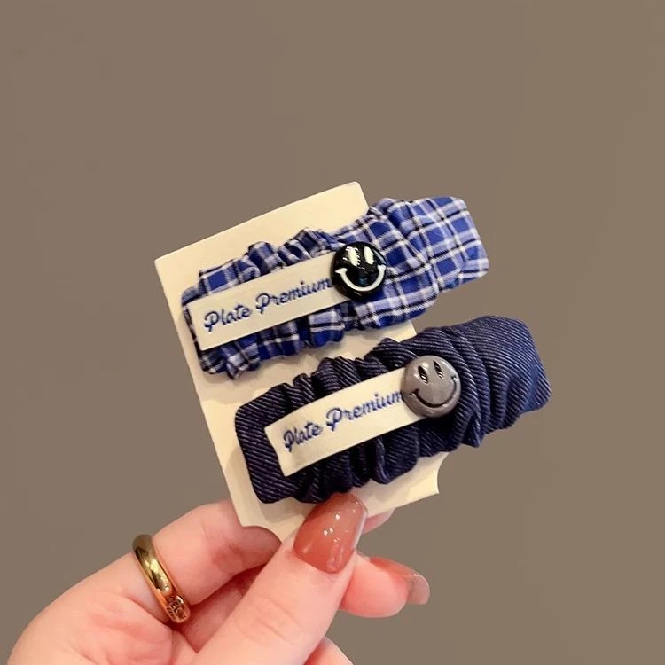 韩国ins风复古格纹牛仔贴布发夹甜美褶皱字母爱心小众刘海碎发卡