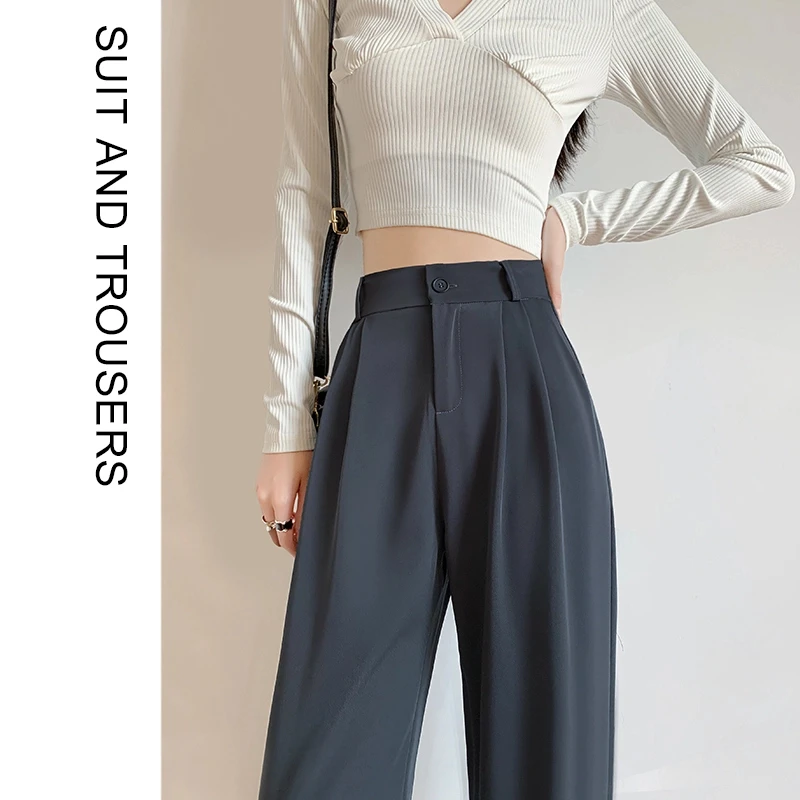 2025冰丝阔腿西装裤女夏季薄款高腰休闲春季窄版黑色窄版阔腿裤