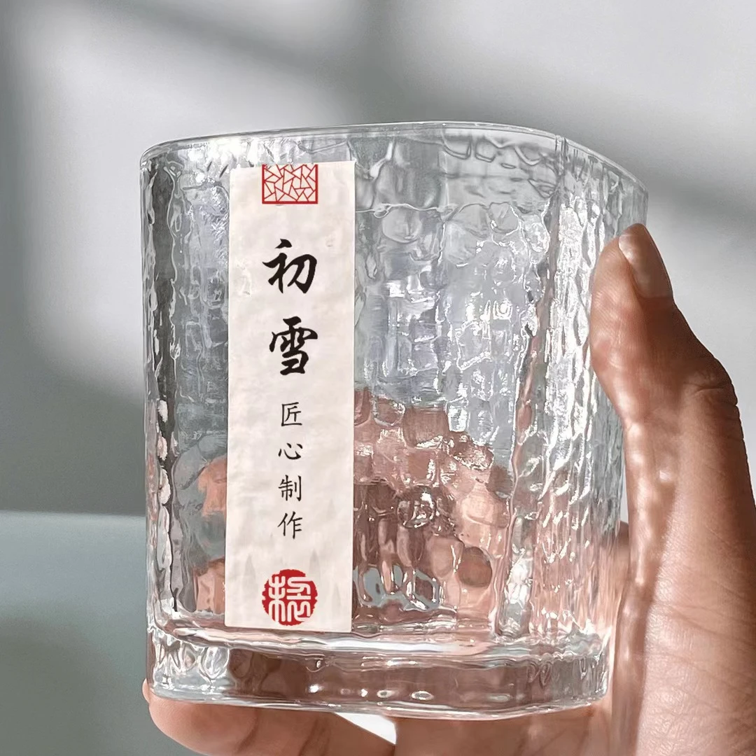 【到手6只】初雪锤纹玻璃杯日式家用水杯威士忌酒杯方形简约杯子