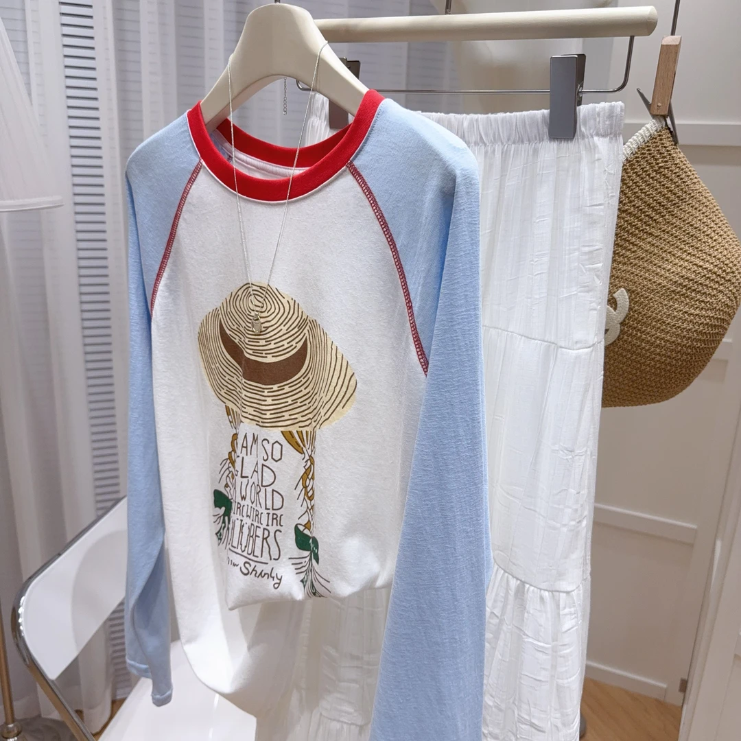 2025夏撞色插肩袖防晒衫女拼接圆领宽松休闲百搭长袖T恤