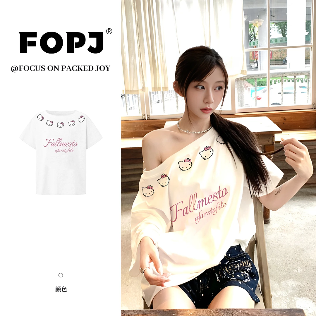 FOPJ夏季露肩短袖t恤女kitty时尚韩版百搭显瘦辣妹纯欲风穿搭上衣