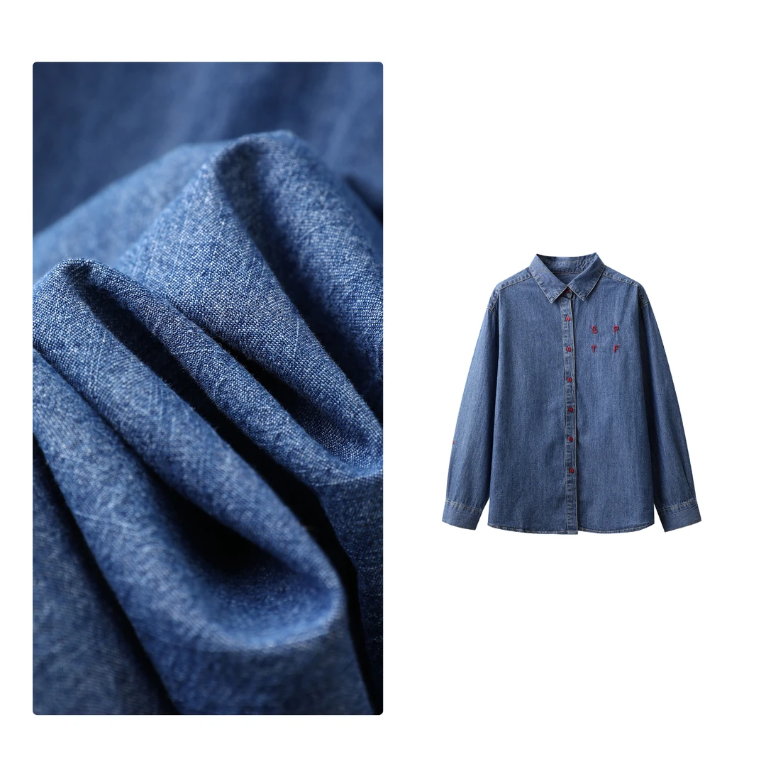 门店36&9！好评如潮！复古牛仔蓝纯棉廓版刺绣字母长袖衬衫L72761