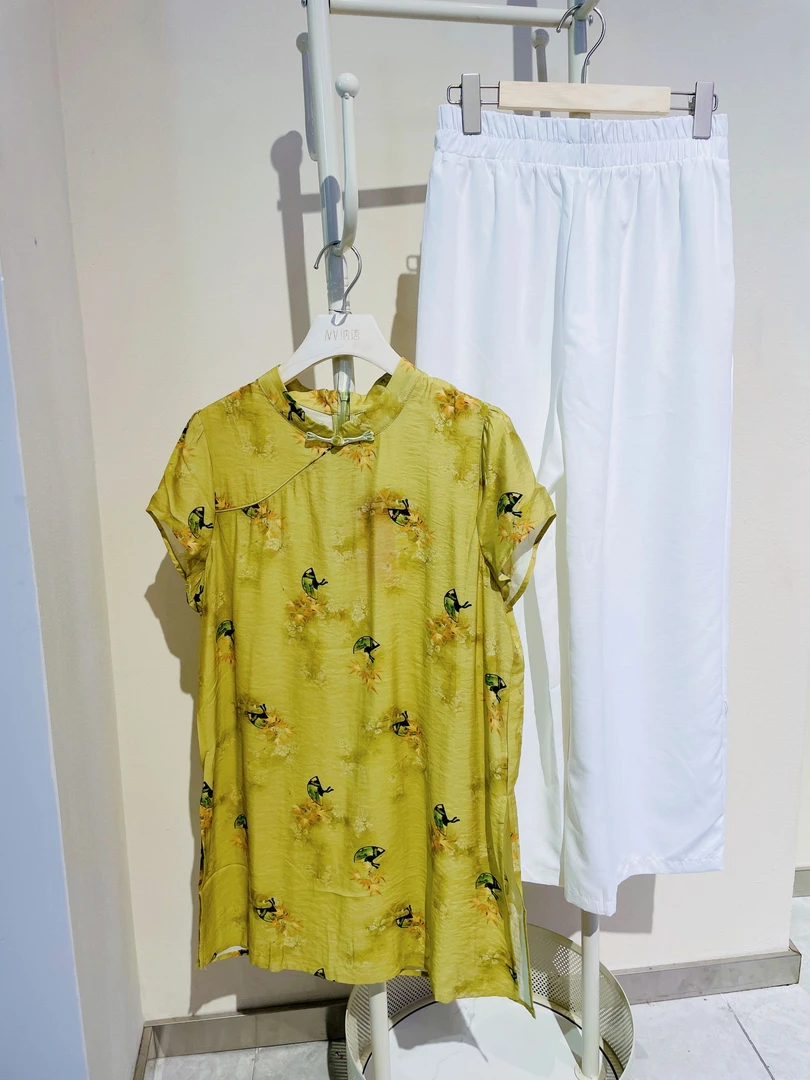 23A96-【小雨】新中式复古国风旗袍上衣+阔腿裤两件套新款时尚套装