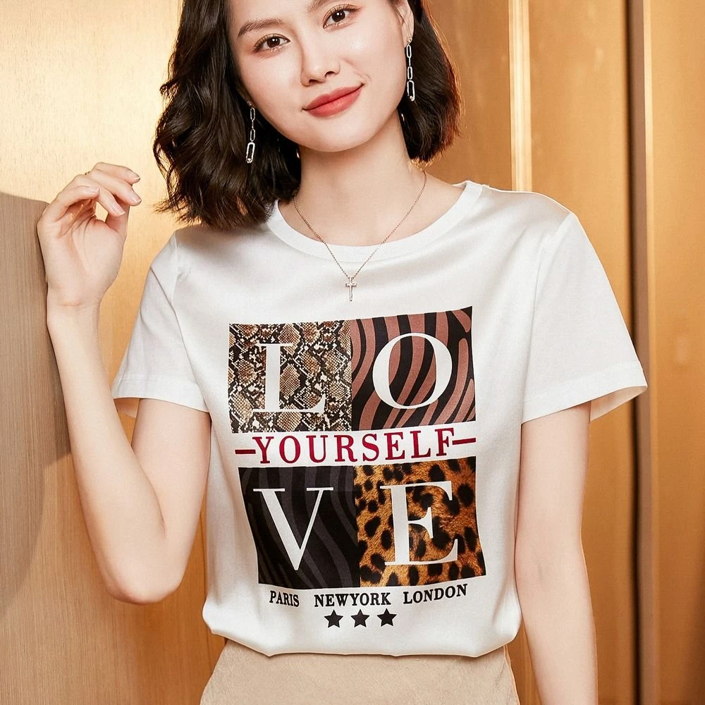 夏季时尚圆领短袖女显瘦气质百搭显瘦缎面拼接短袖1350