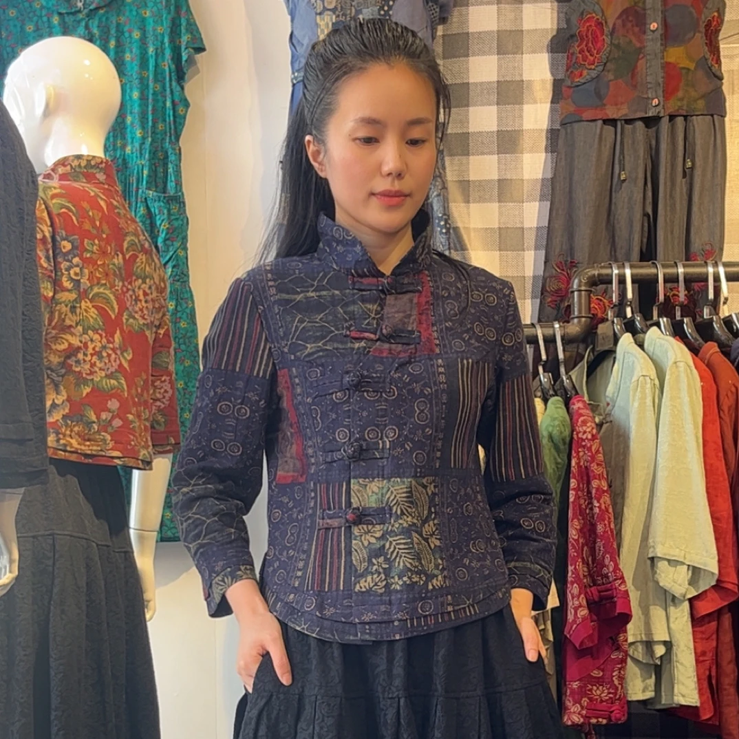 数码印花立领九分袖开襟手工盘扣修身休闲春秋上衣优雅妈妈装