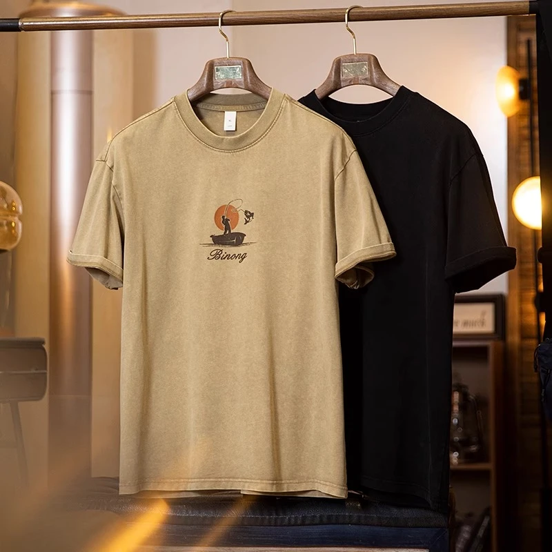 Salodac夏季美式复古做旧纯棉t恤男短袖潮牌重磅宽松半袖上衣男