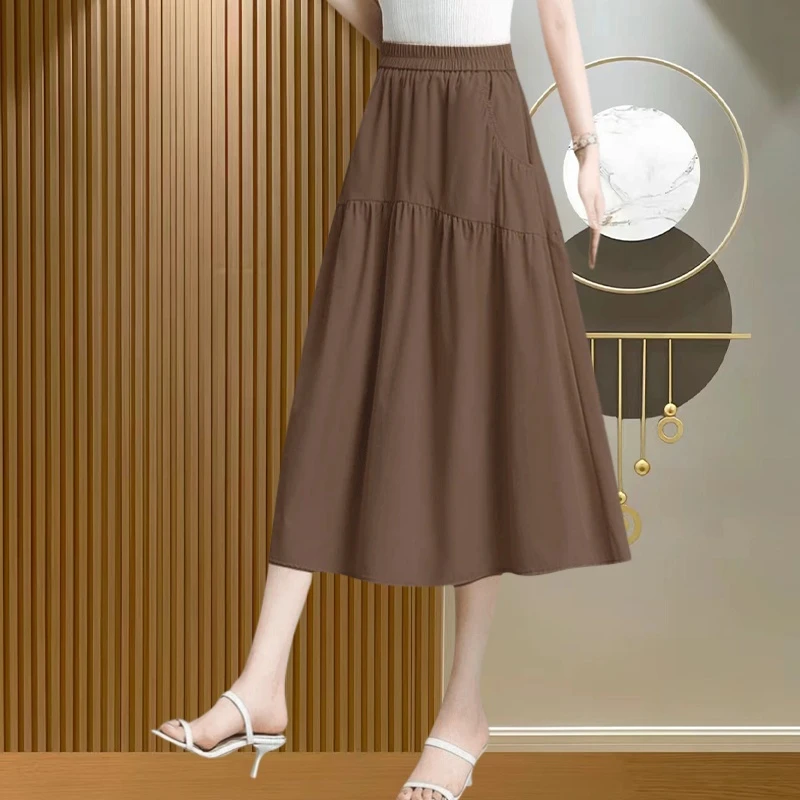 高腰A型中长款自然显瘦口袋半身裙女气质大码2025夏季垂感裙子