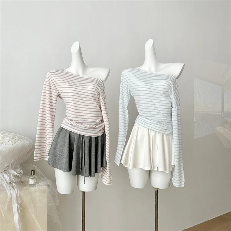 2025早秋条纹斜肩防晒蕾丝花边露肩T恤+芭蕾风蓬蓬裤裙两件套装女