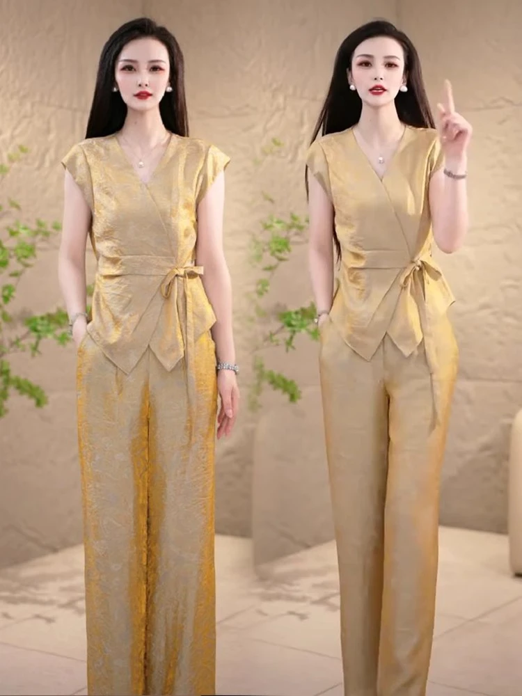 时尚高级感气质V领短袖收腰显瘦上衣阔腿裤两件套女洋气复古套装