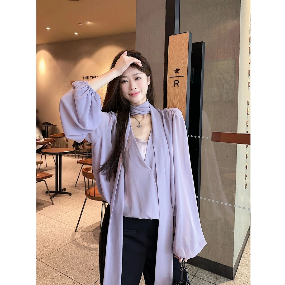 显白紫色交叉V领长袖雪纺衬衫女春季宽松温柔气质飘带薄款上衣